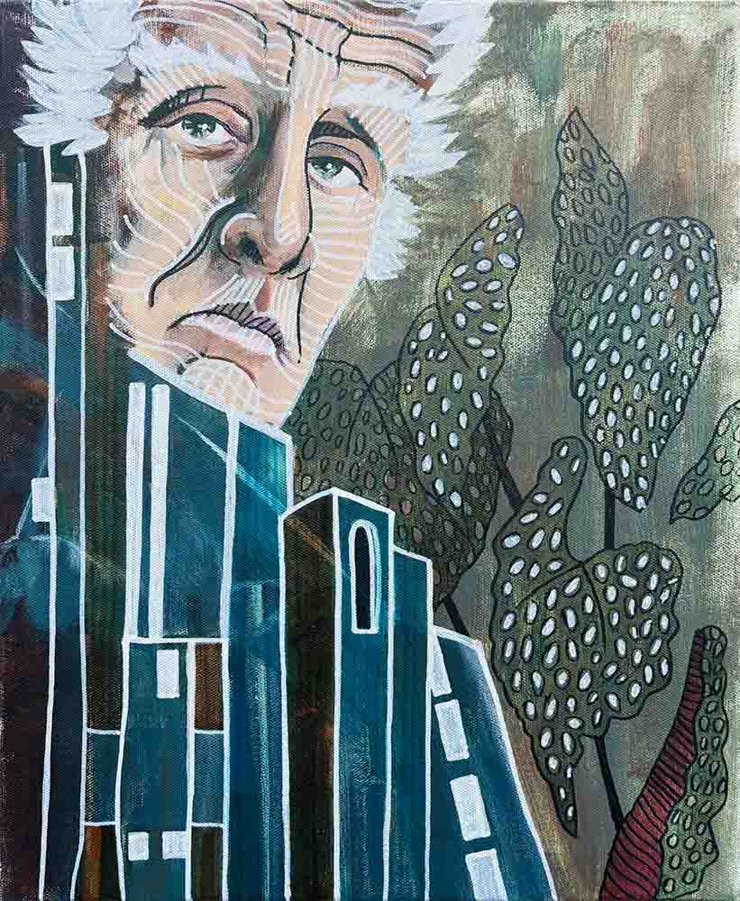 business man's face and buildings